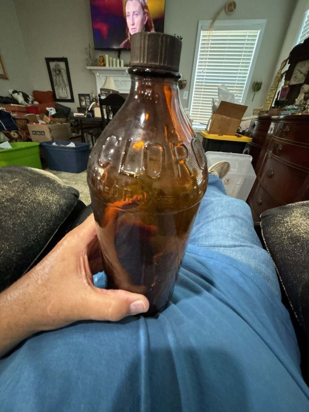 Vintage Embossed Amber Brown Glass Clorox Bleach Bottle with Lid